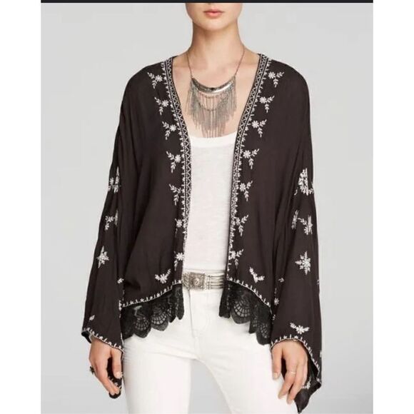 Free People Embroidered kimono cardigan in washed black gray xs - Picture 1 of 9